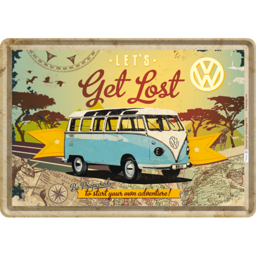 VW Bus T1 Bulli Get Lost Blechpostkarte Grußkarte 10x14cm