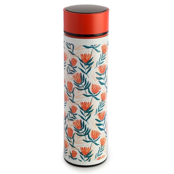 Thermo Edelstahl Trinkflasche mit Digital Thermometer Blumen Muster orange