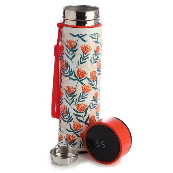 Thermo Edelstahl Trinkflasche mit Digital Thermometer Blumen Muster orange